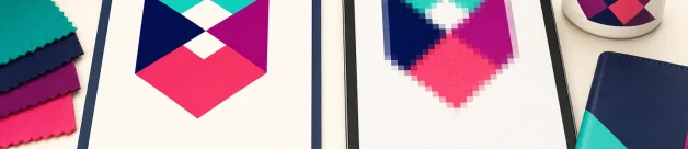 Vector and raster artwork comparison with crisp and pixelated logo samples