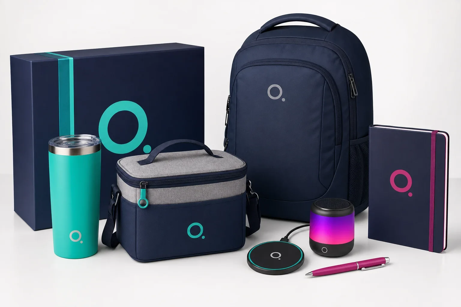 Premium brand name style corporate gifts including drinkware, backpack, notebook, pen, cooler, and tech accessories