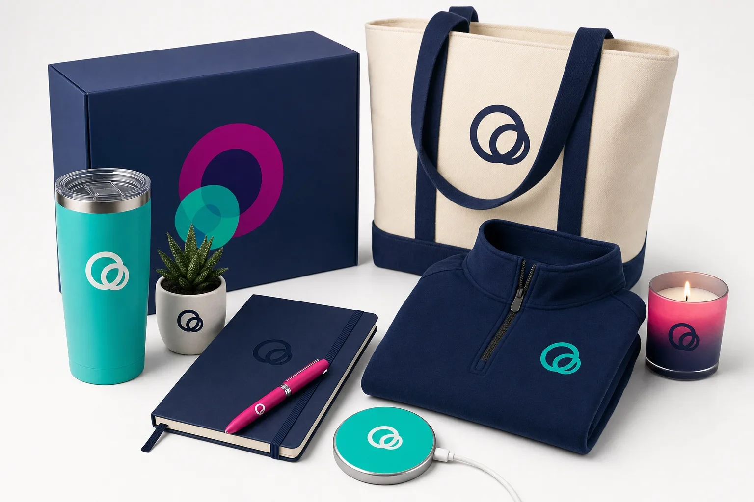 Corporate gift categories arranged on a clean surface including drinkware, notebook, pen, tech accessory, apparel, bag, wellness item, and gift box