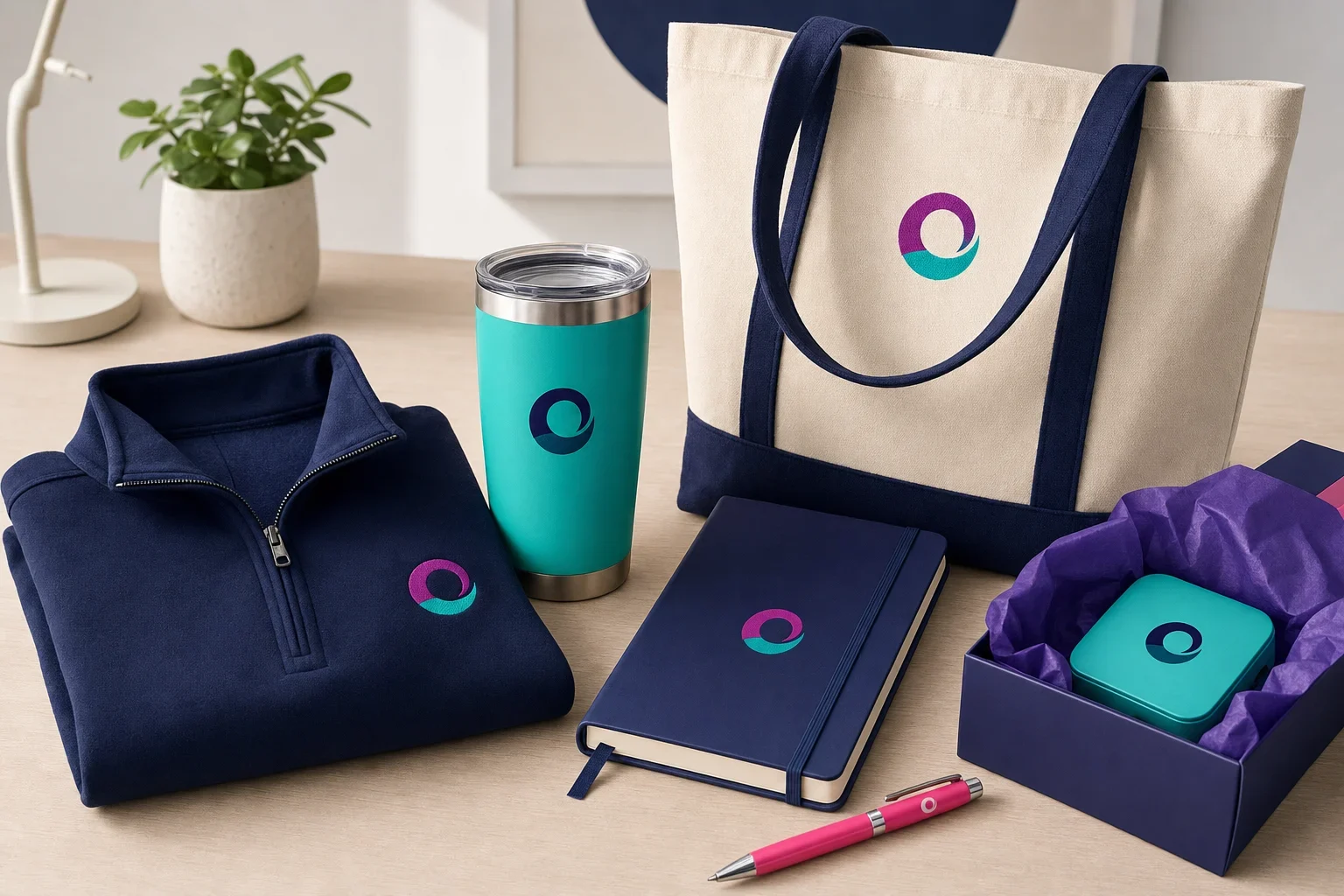 Employee corporate gifts arranged as a welcome kit with apparel, tumbler, notebook, pen, tote bag, and tech accessory