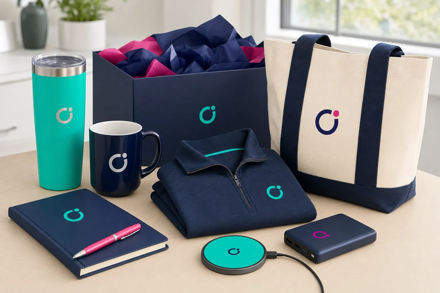 Premium corporate gifts arranged on a clean desk including drinkware, notebook, pen, tech accessory, apparel, tote bag, and gift box