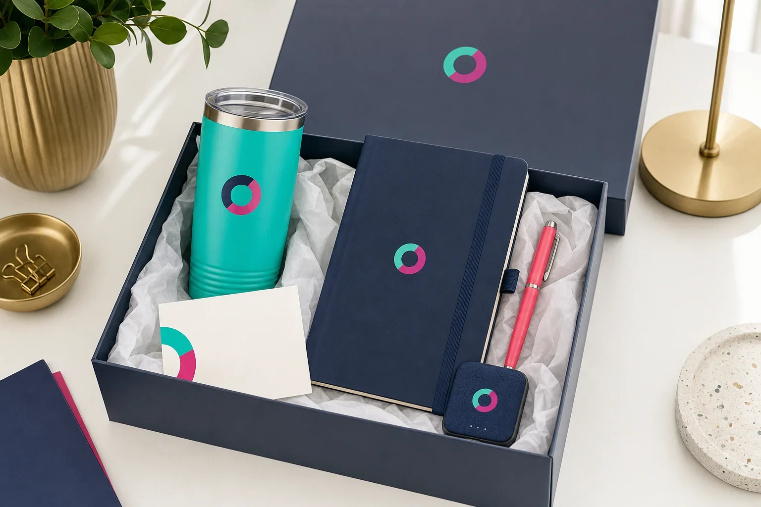 Corporate gift packaging with branded drinkware, notebook, pen, and premium gift box with tissue paper