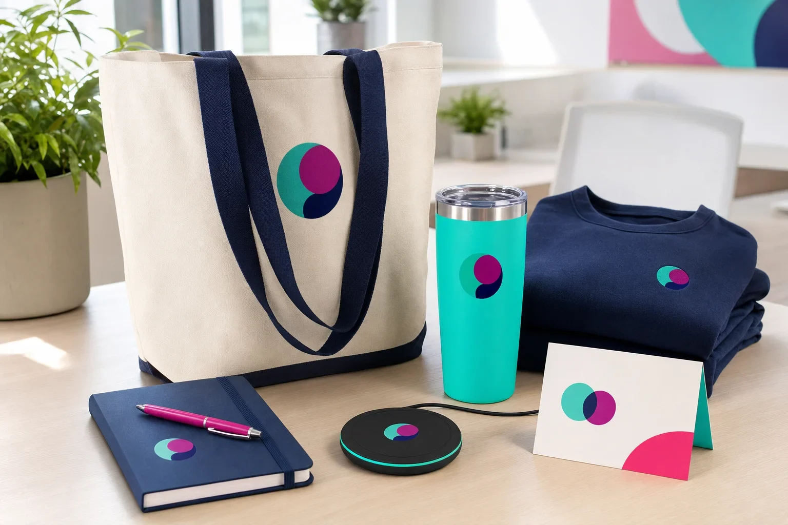Employee gift tote bag with branded drinkware, notebook, pen, apparel, and welcome kit items