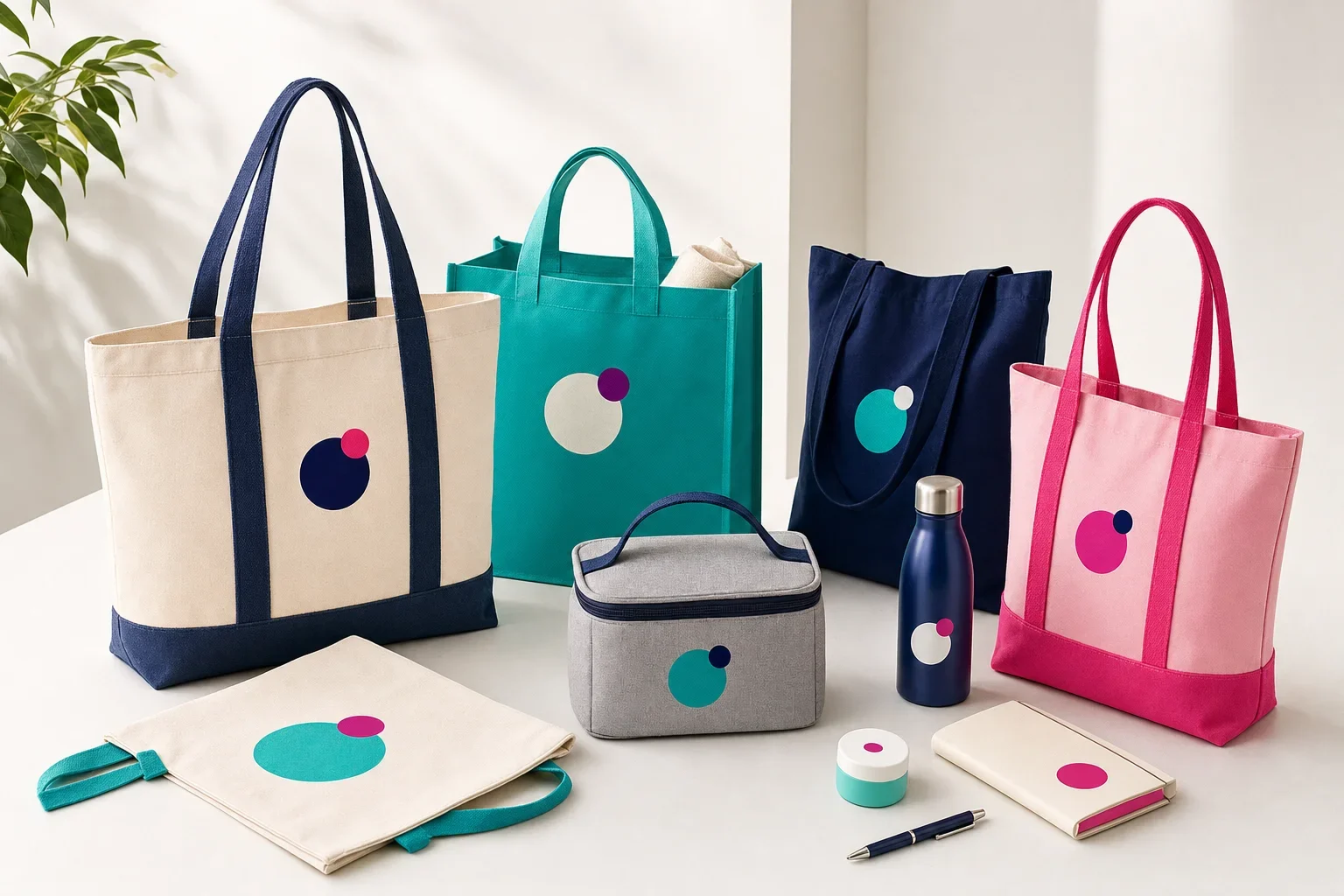 Custom promotional tote bags arranged on a clean surface including canvas totes, cotton totes, non-woven totes, insulated totes, and conference bags