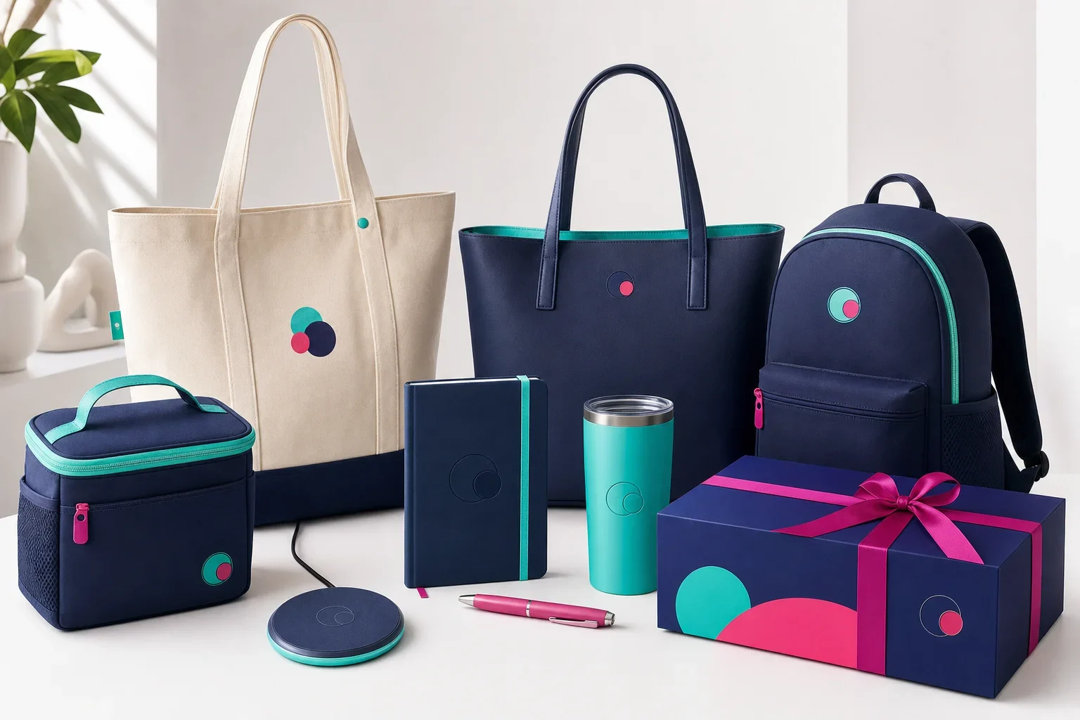 Premium custom tote bags and brand name style bags with notebook, drinkware, tech accessory, and gift packaging