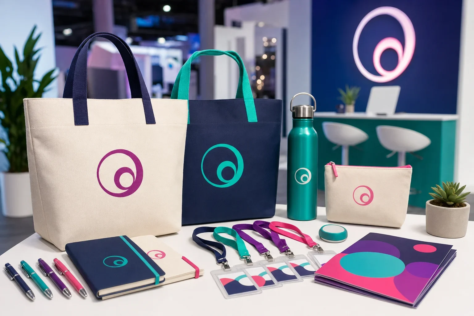 Custom tote bags for trade shows and conferences with notebooks, brochures, pens, and event materials