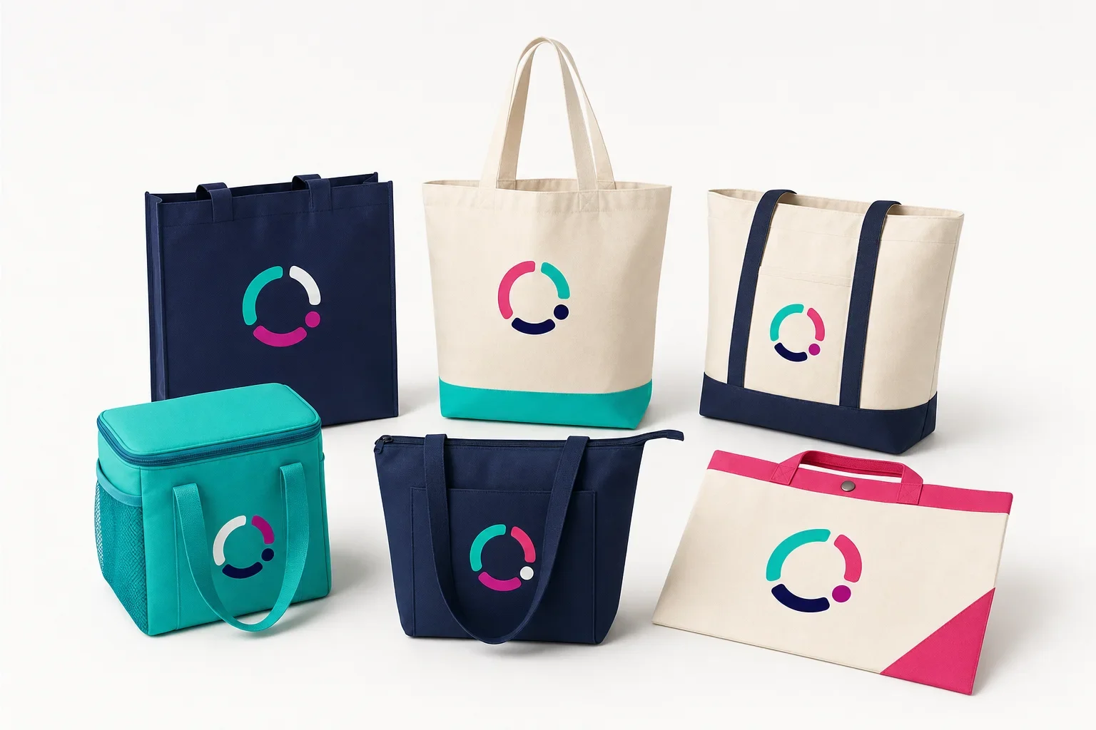 Different types of custom tote bags including non-woven tote, cotton tote, canvas tote, insulated tote, zippered tote, and conference bag