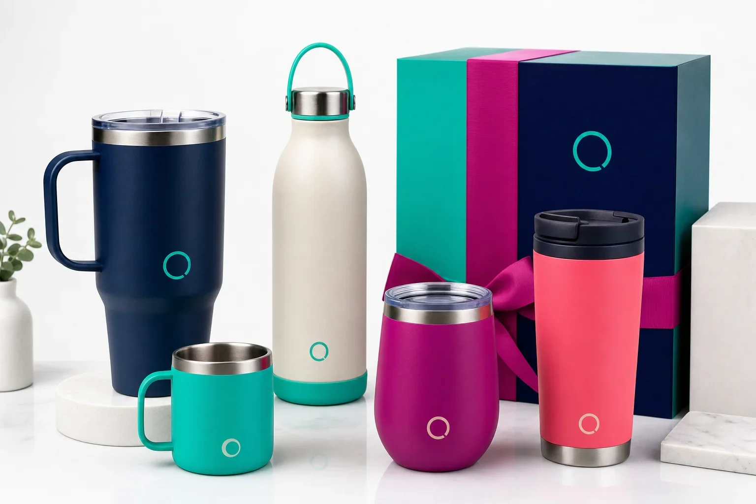 Premium brand name style promotional drinkware including tumblers, water bottles, travel mugs, and gift box