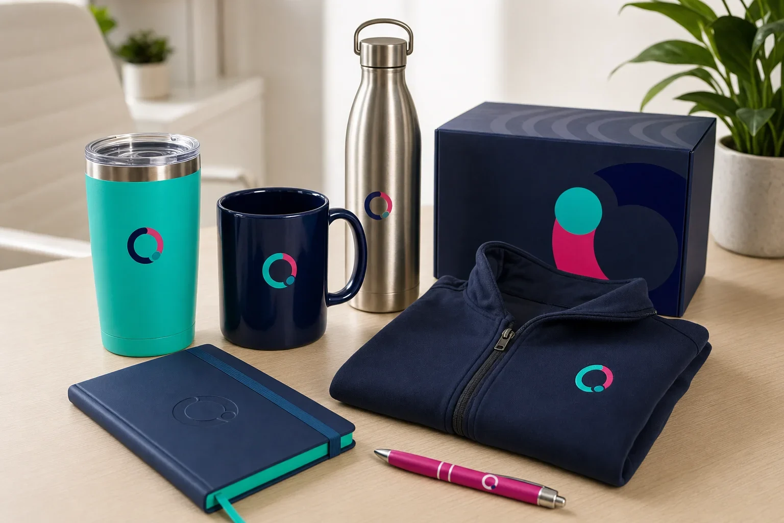 Employee promotional drinkware with tumbler, mug, bottle, notebook, pen, and welcome kit items
