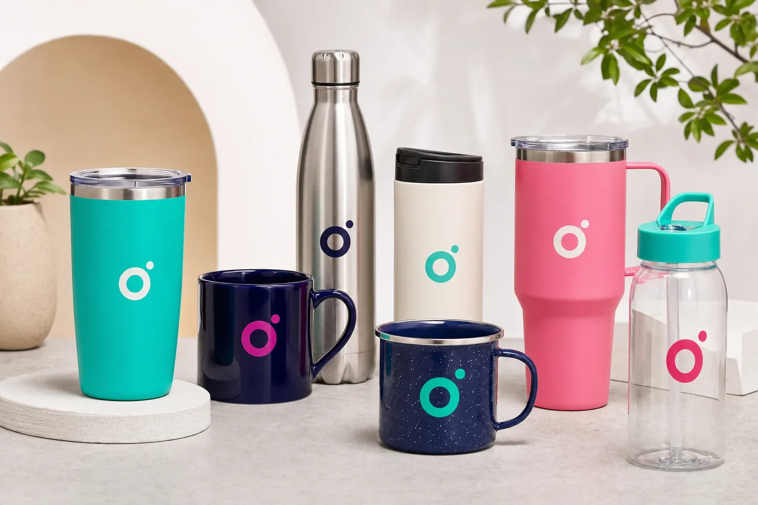 Premium promotional drinkware arranged on a clean surface including tumblers, water bottles, coffee mugs, travel cups, and camp mugs