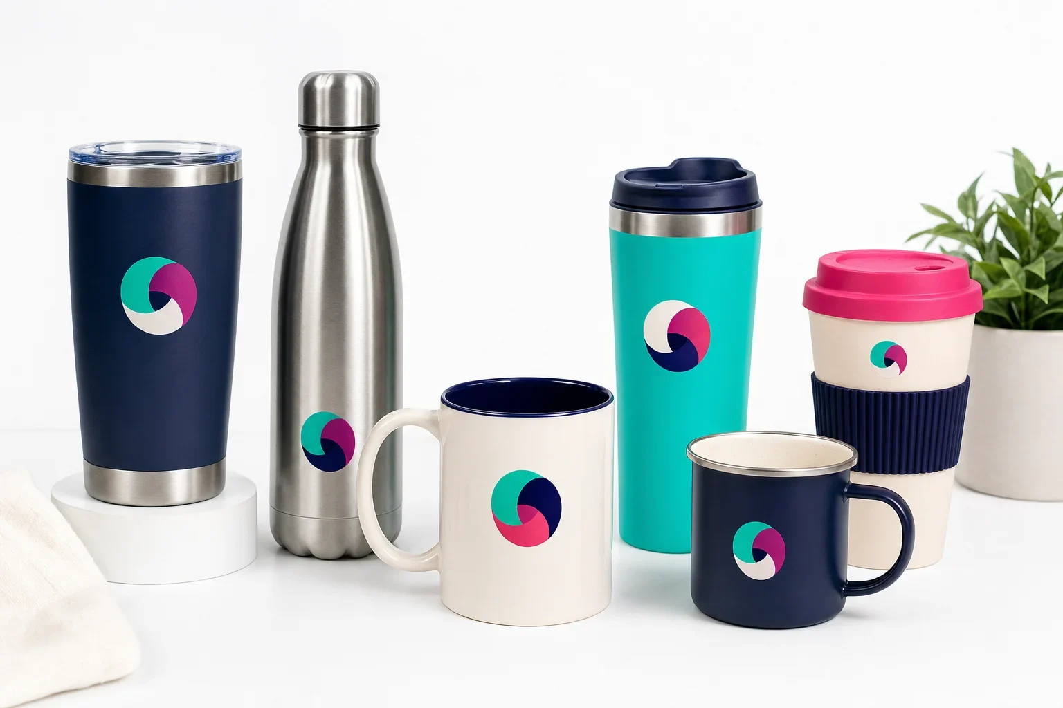 Different types of promotional drinkware including insulated tumbler, water bottle, coffee mug, travel mug, stadium cup, and camp mug