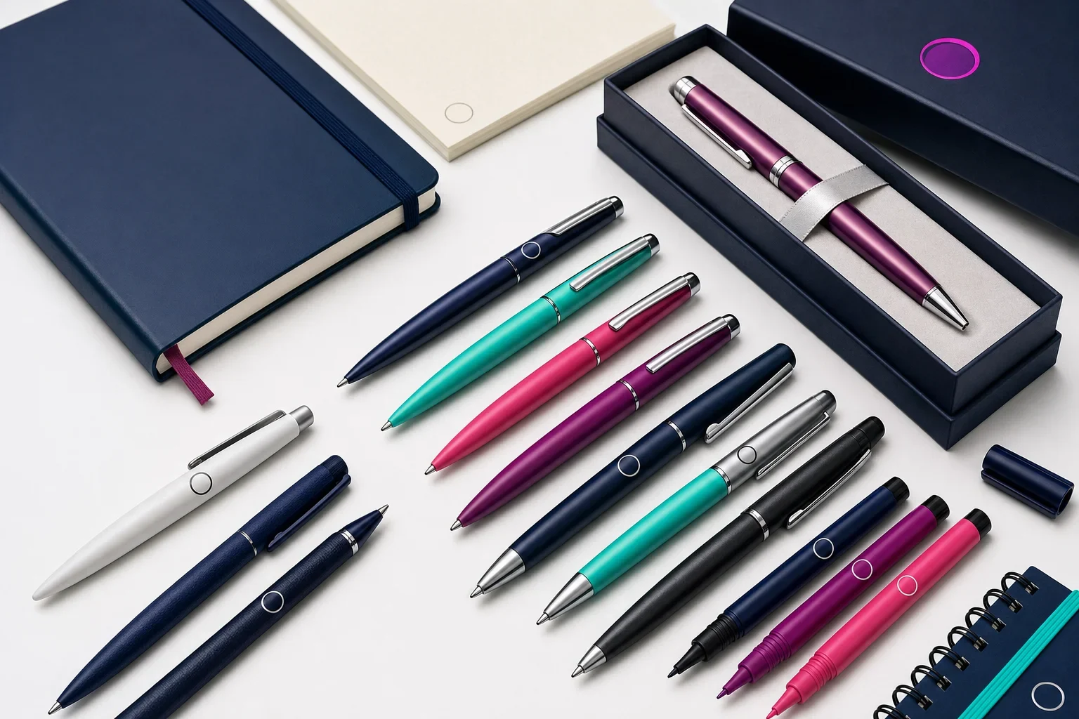 Brand name style promotional pens arranged with notebooks and office supplies