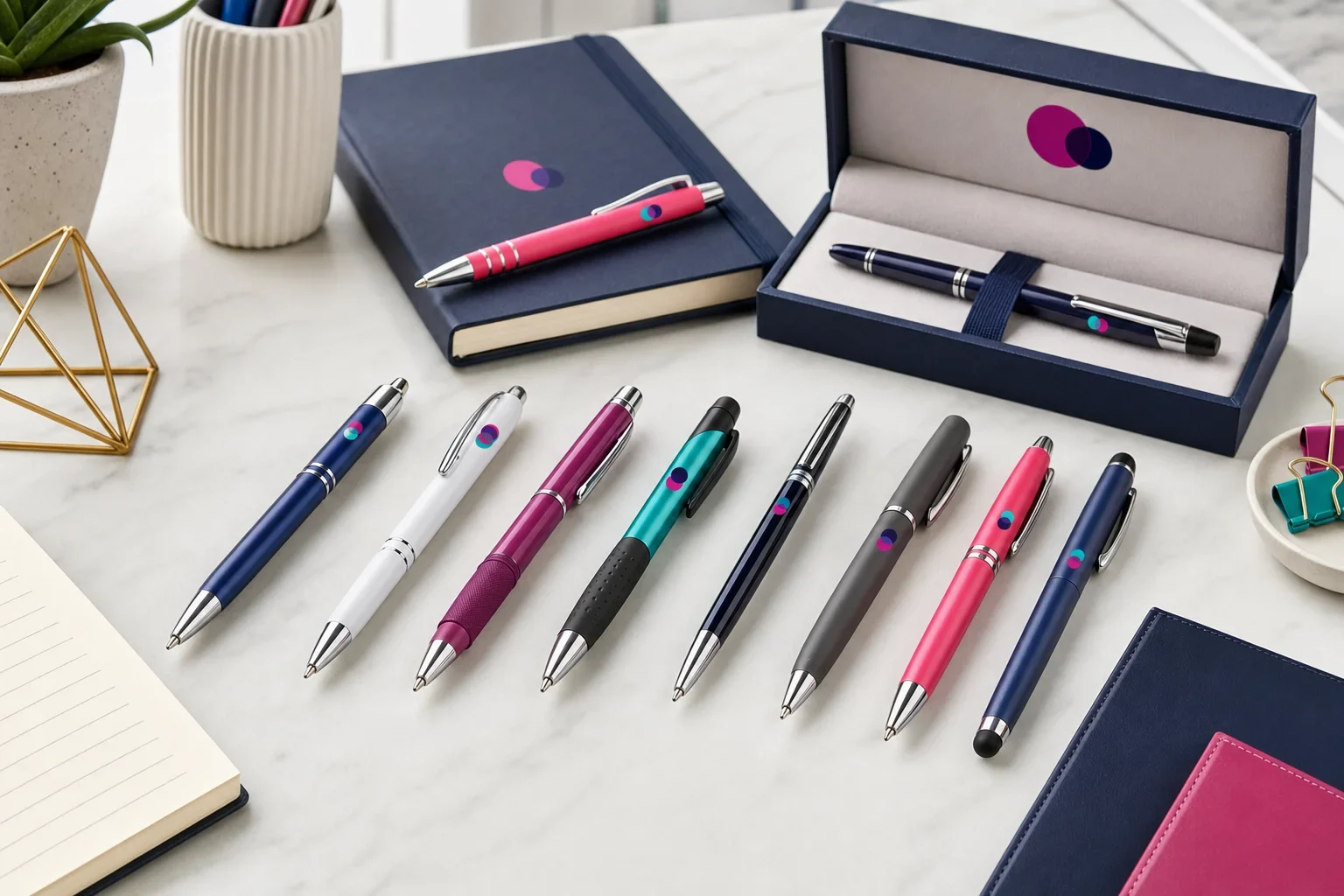 Custom promotional pens arranged on a clean desk including ballpoint pens, gel pens, rollerball pens, wide body pens, grip pens, stylus pens, and premium pens