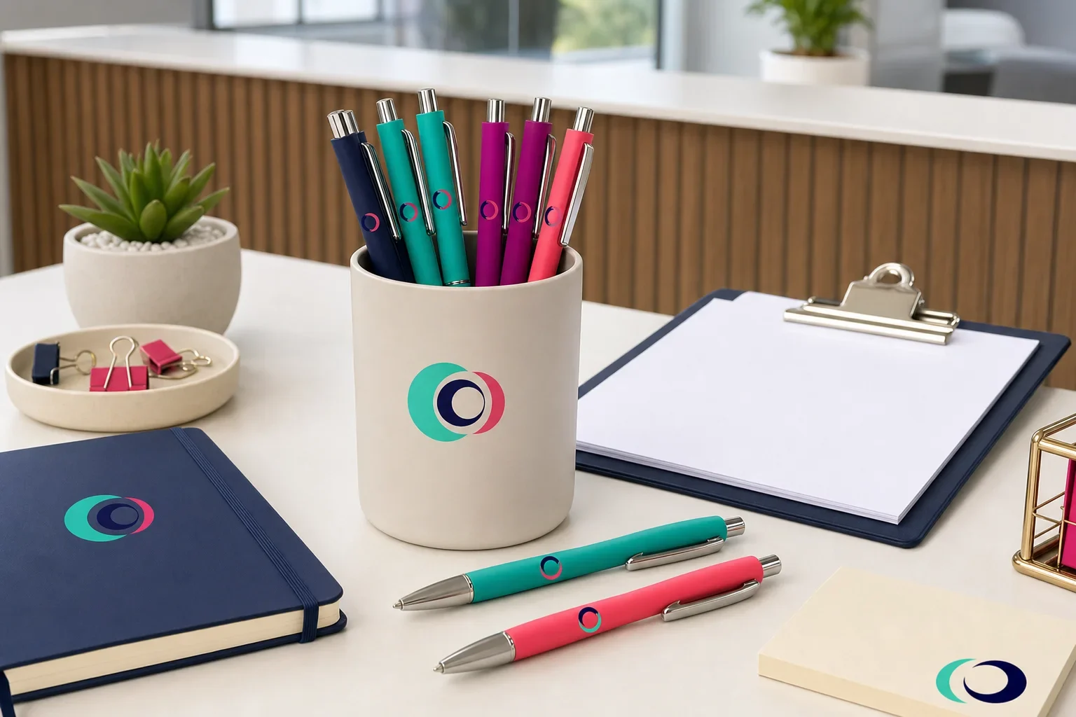 Promotional pens for office and front desk use arranged with forms, notebook, clipboard, and desk accessories