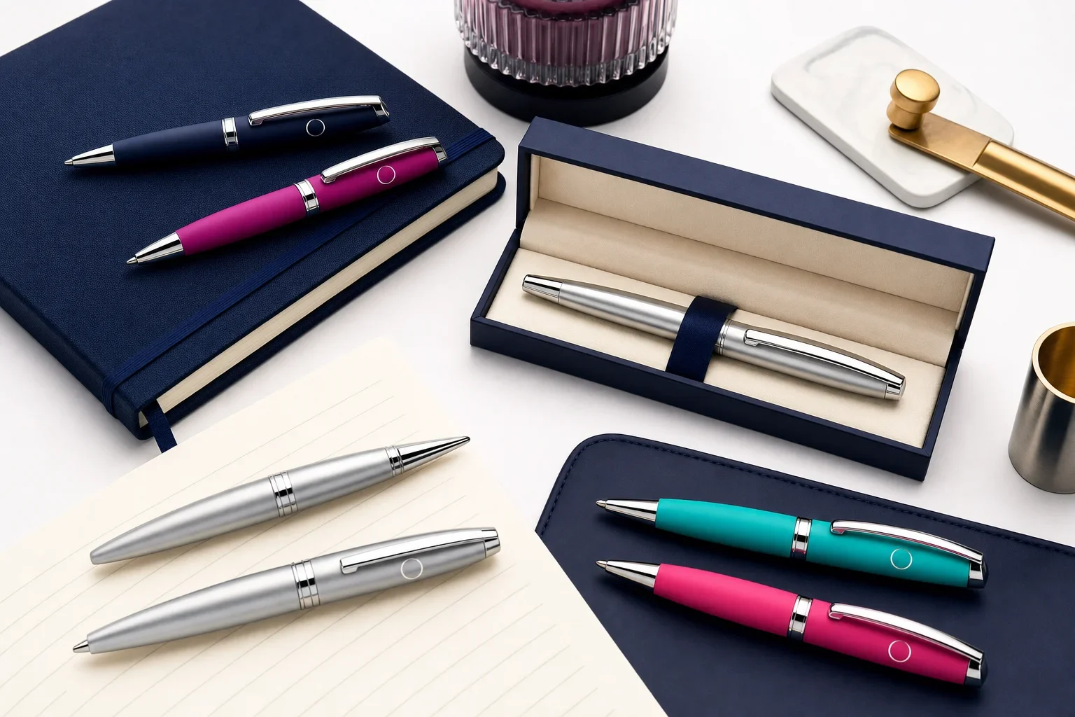 Premium promotional pens arranged with a gift box, notebook, and executive desk accessories