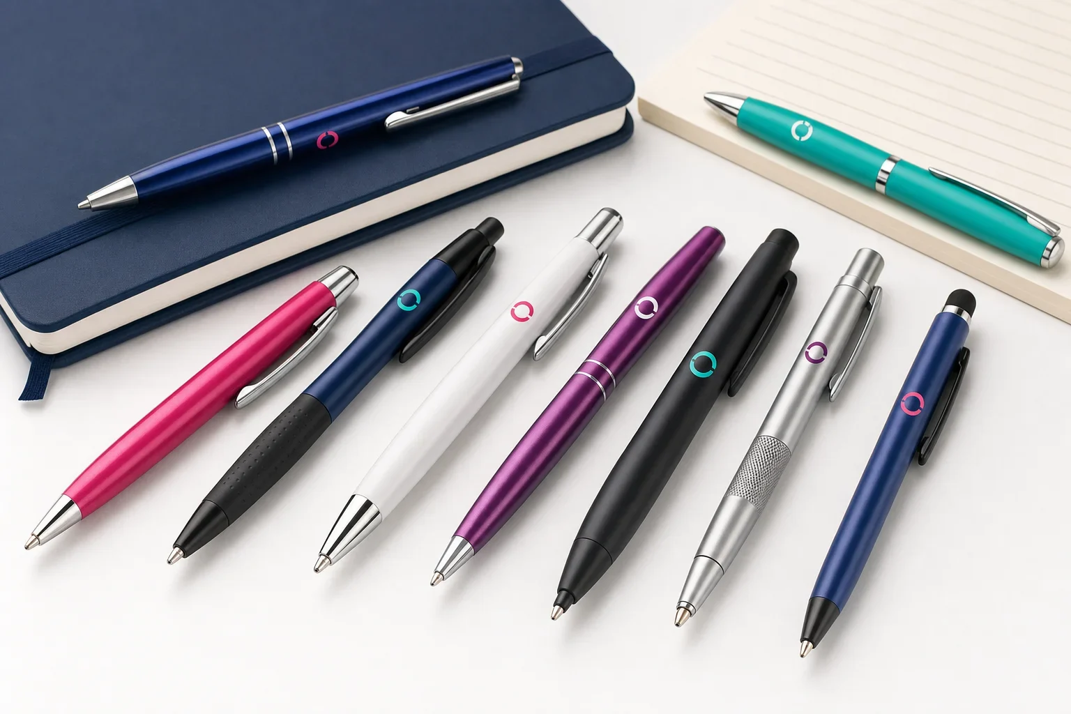 Different types of promotional pens including ballpoint pens, gel pens, rollerball pens, wide body pens, grip pens, stylus pens, and metal pens