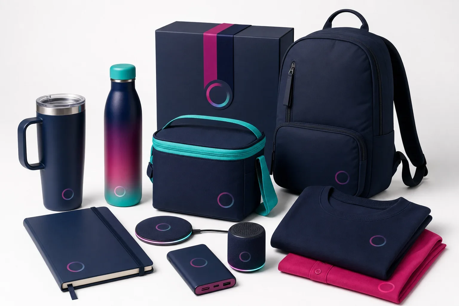 Premium brand name style employee appreciation gifts including drinkware, backpack, notebook, tech accessories, speaker, cooler, and apparel