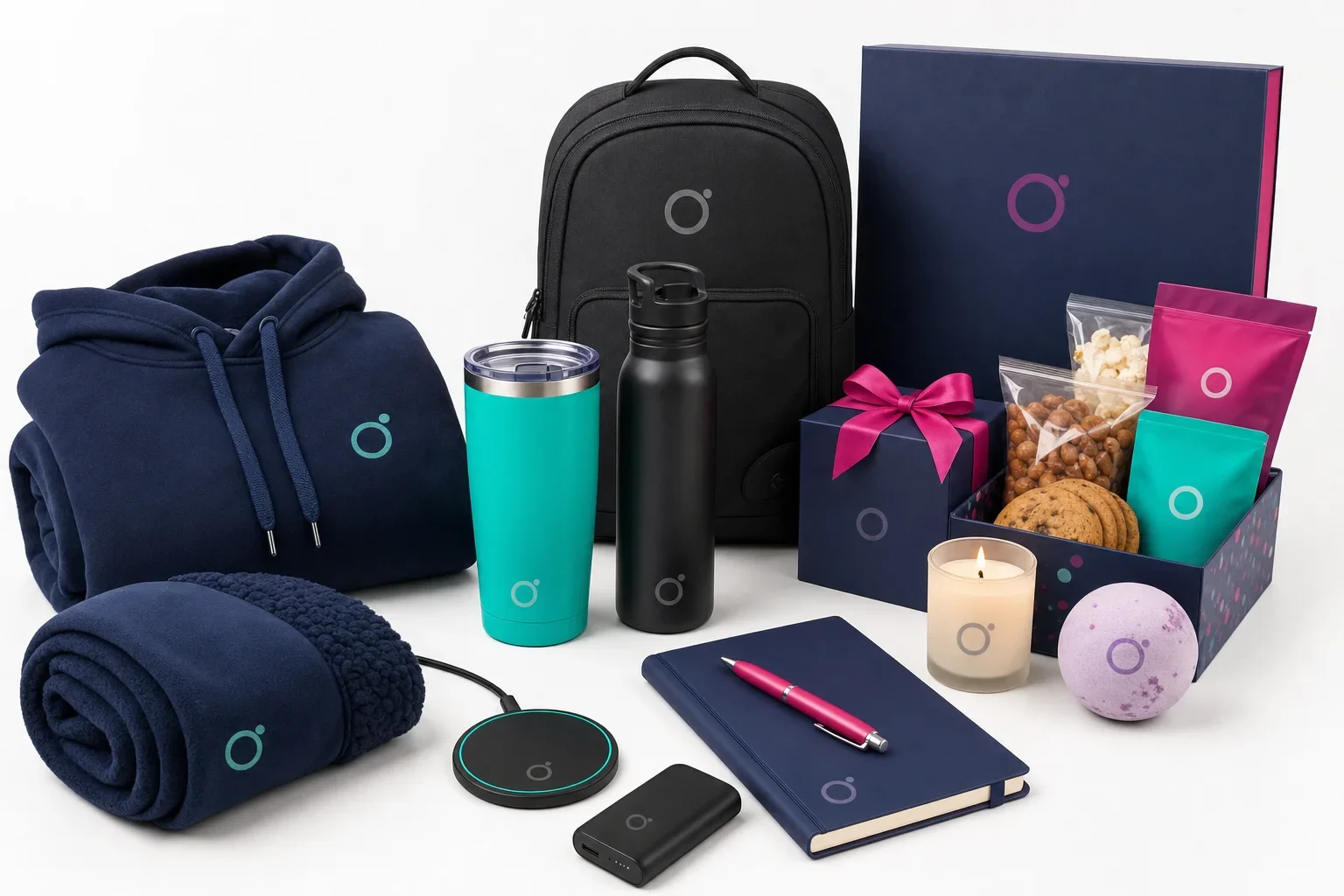 Employee appreciation gift examples including apparel, drinkware, backpack, tech accessories, notebook, wellness items, and snack box
