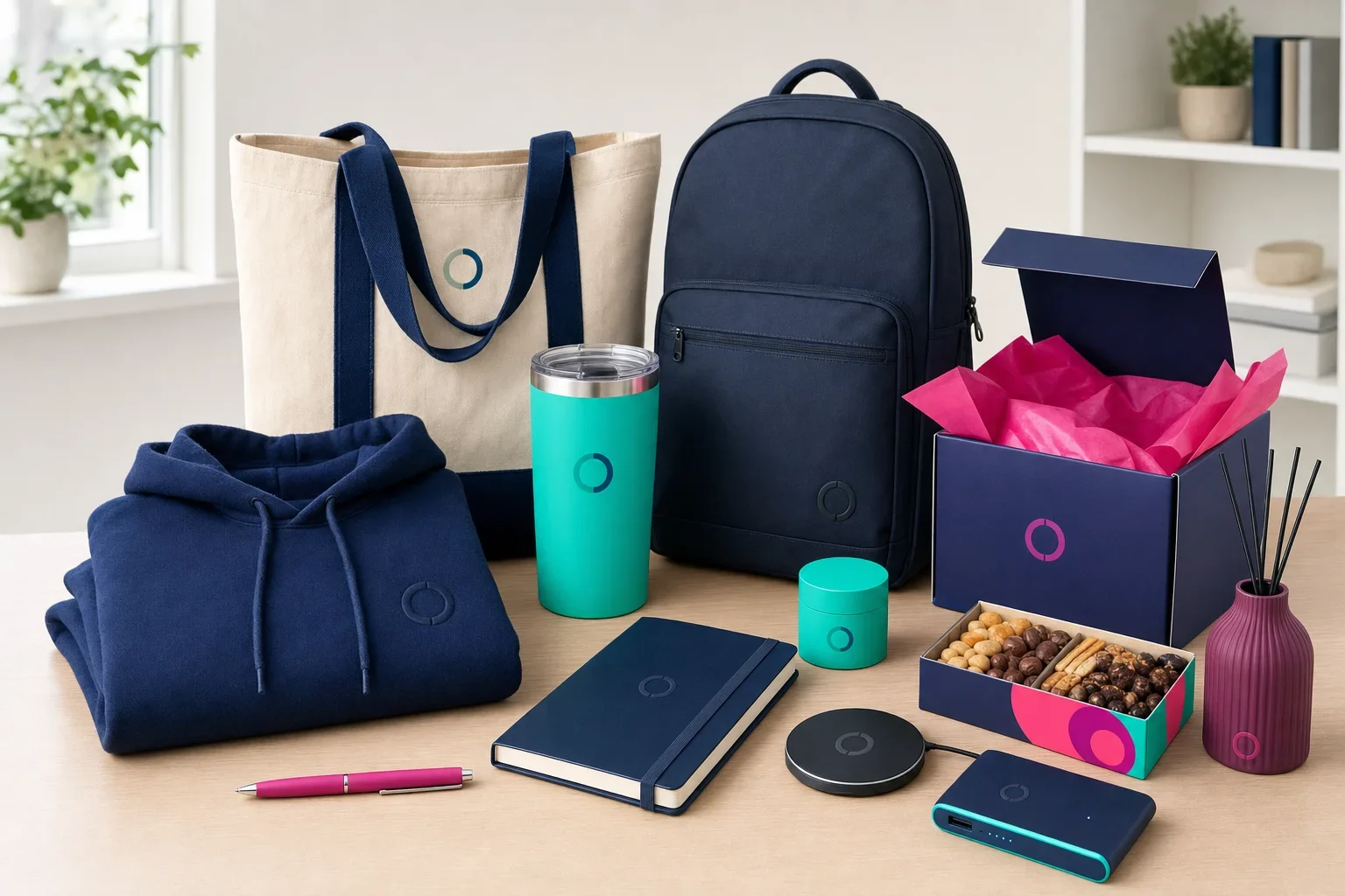Employee appreciation gifts arranged on a clean desk including subtle branded apparel, drinkware, notebook, backpack, tech accessories, wellness items, and gift box