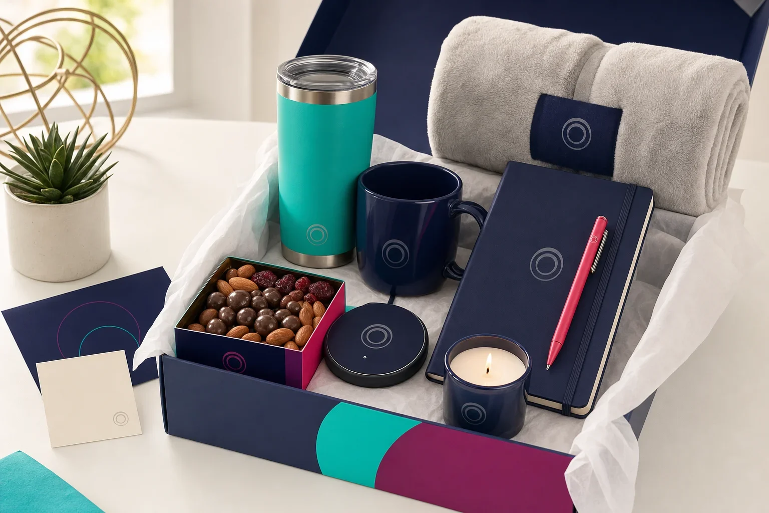 Employee appreciation gift kit with blanket, mug, tumbler, notebook, pen, snack box, tech accessory, and gift packaging