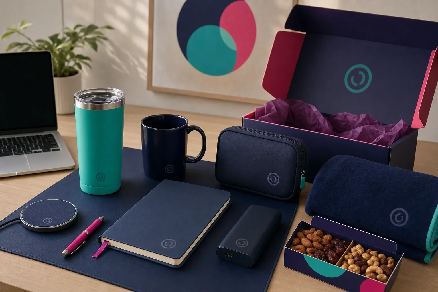 Remote employee appreciation gift with desk accessories, drinkware, notebook, tech items, snack box, blanket, and gift packaging