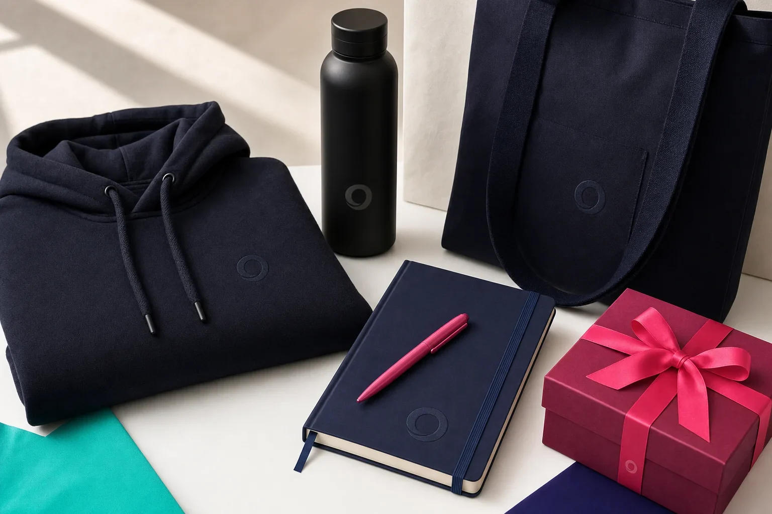 Subtle employee gift branding with tone-on-tone hoodie embroidery, discreet tumbler logo, notebook deboss, and small bag logo