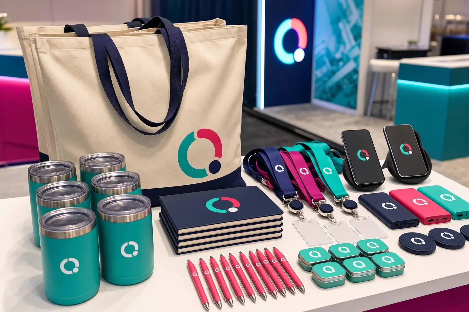 Useful trade show giveaways arranged on a booth table including tote bags, pens, notebooks, drinkware, and tech accessories