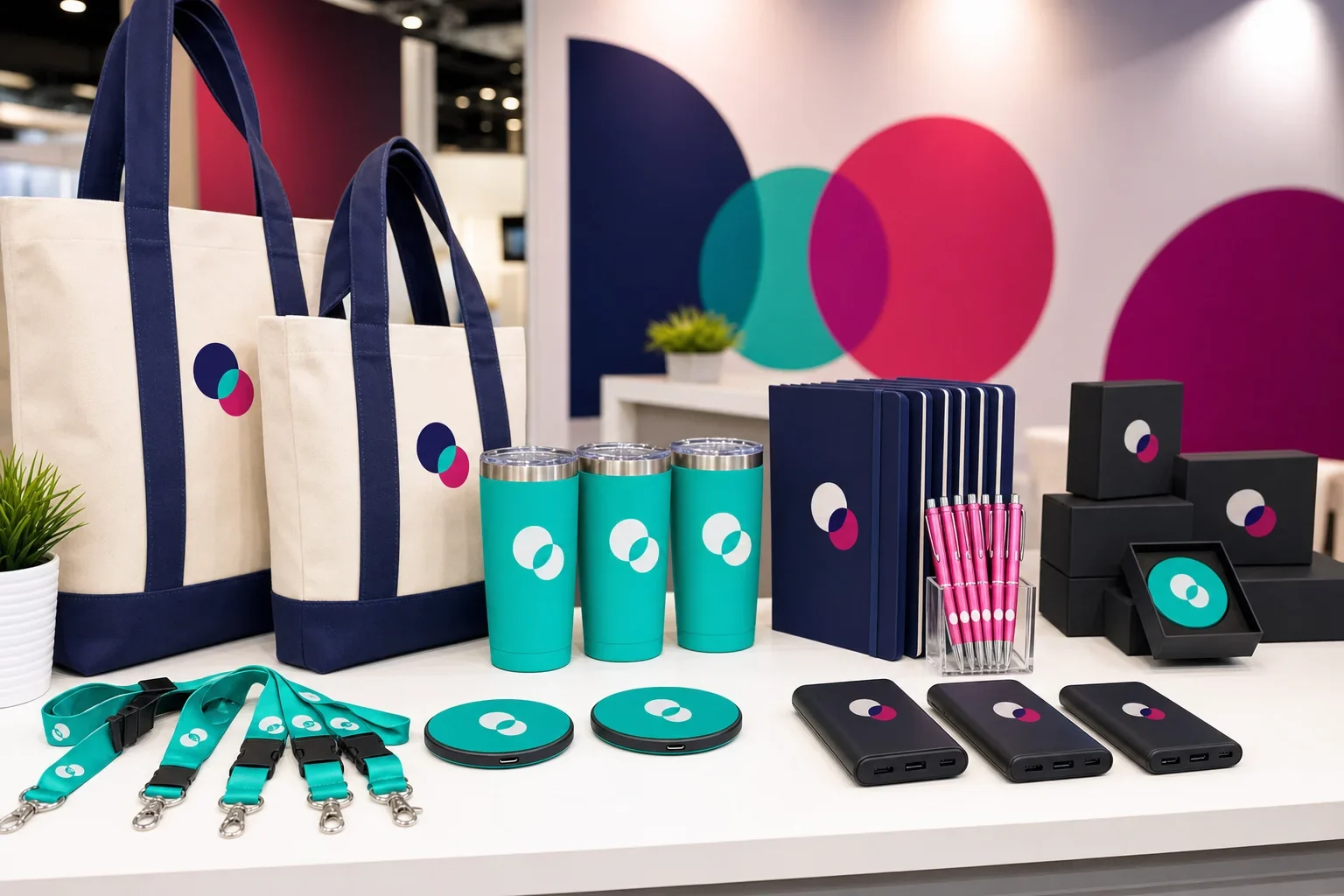 Trade show promotional products displayed on a clean booth table including tote bags, drinkware, notebooks, pens, tech accessories, and badge lanyards