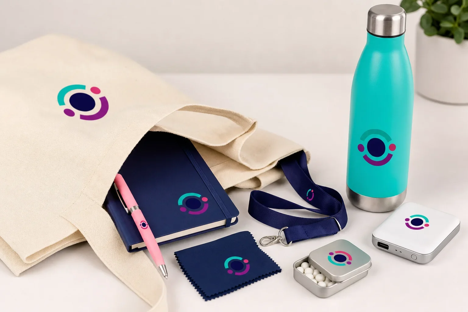 Portable trade show giveaways including tote bag, notebook, pen, water bottle, lanyard, and tech accessories arranged for easy carrying