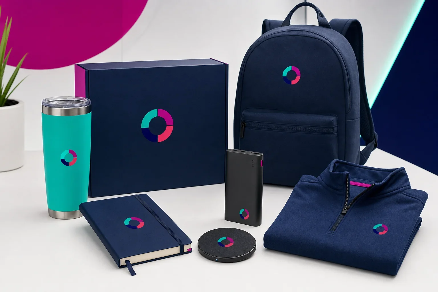 Premium trade show gifts including insulated drinkware, wireless charger, notebook, backpack, and gift box