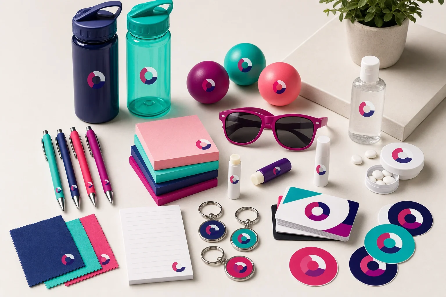 Budget-friendly promotional products arranged on a clean surface including pens, lip balm, sticky notes, microfiber cloths, sunglasses, stress balls, magnets, and plastic water bottles