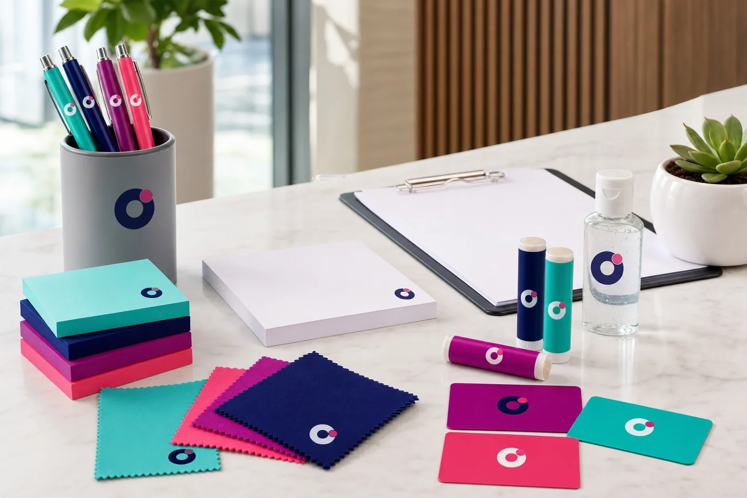 Budget-friendly office promotional products including pens, sticky notes, scratch pads, magnets, microfiber cloths, and lip balm on a front desk