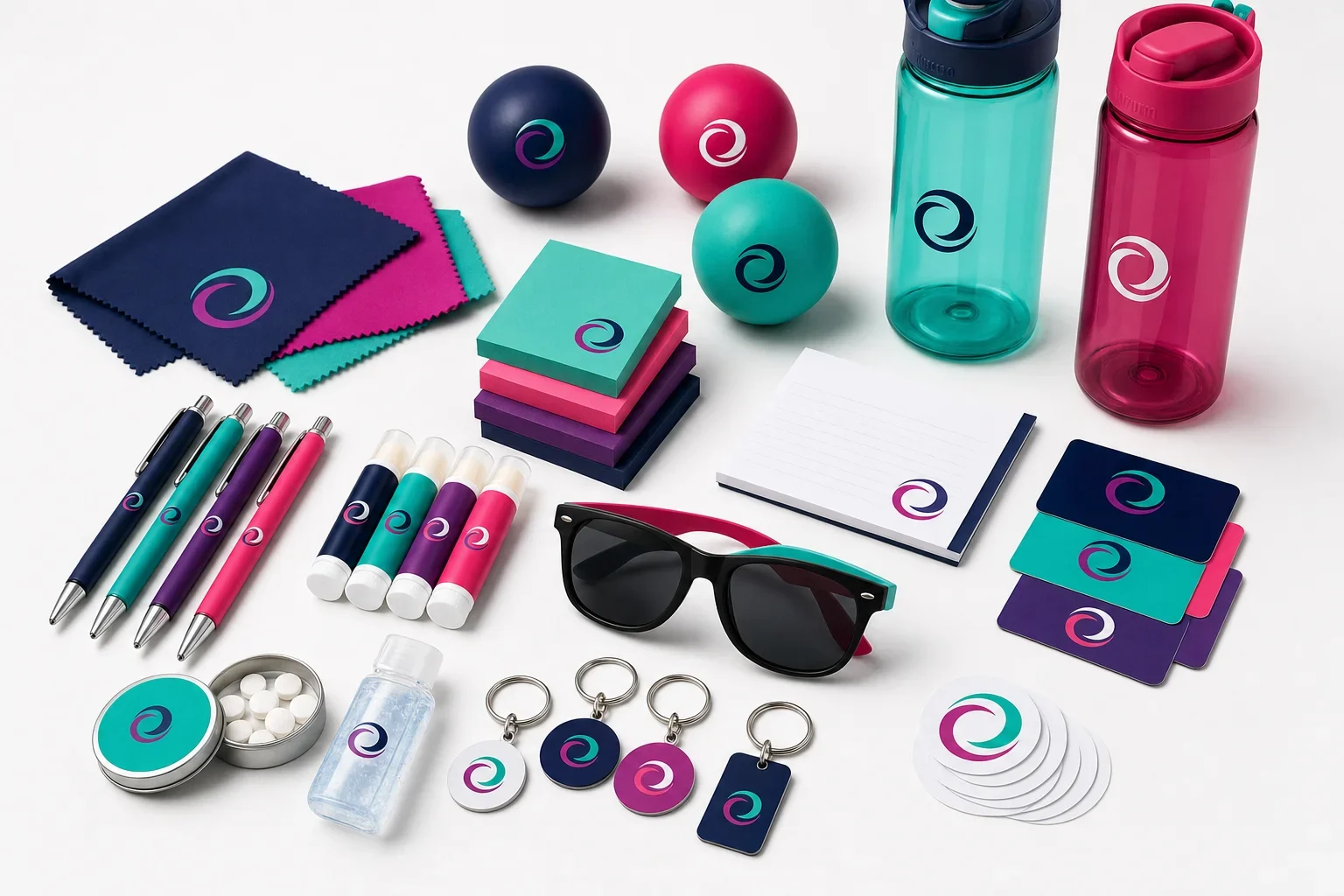 Budget-friendly promotional product examples including pens, lip balm, sticky notes, scratch pads, microfiber cloths, sunglasses, magnets, stress balls, and plastic water bottles