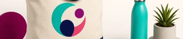Custom tote bags arranged with everyday promotional products
