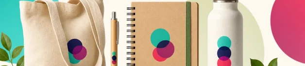 Eco-friendly promotional products arranged with reusable and recycled materials