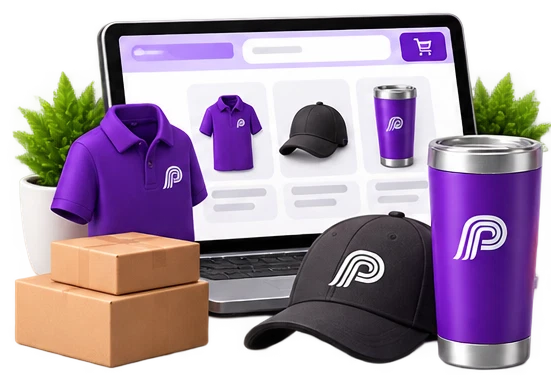 Illustration of a branded online merchandise store with a laptop, apparel, cap, tumbler, and shipping boxes