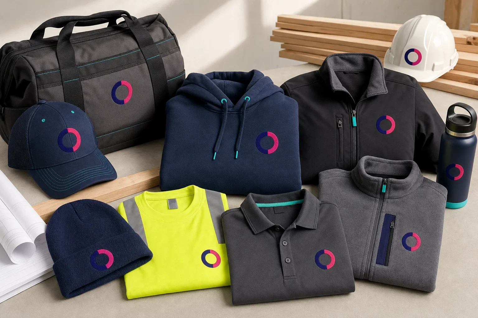 Construction company apparel including hat, hoodie, safety-colored shirt, jacket, polo, and work bag