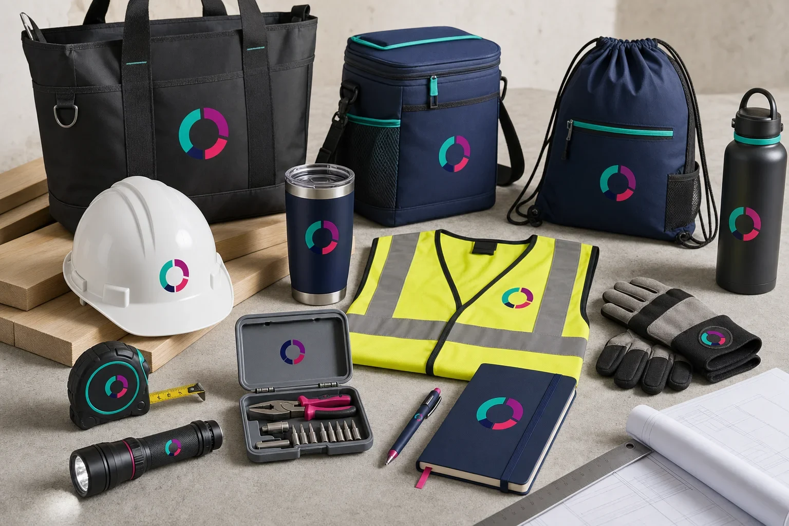 Construction promotional products including hard hat, tape measure, flashlight, tumbler, work gloves, notebook, pen, safety vest, and durable tote bag