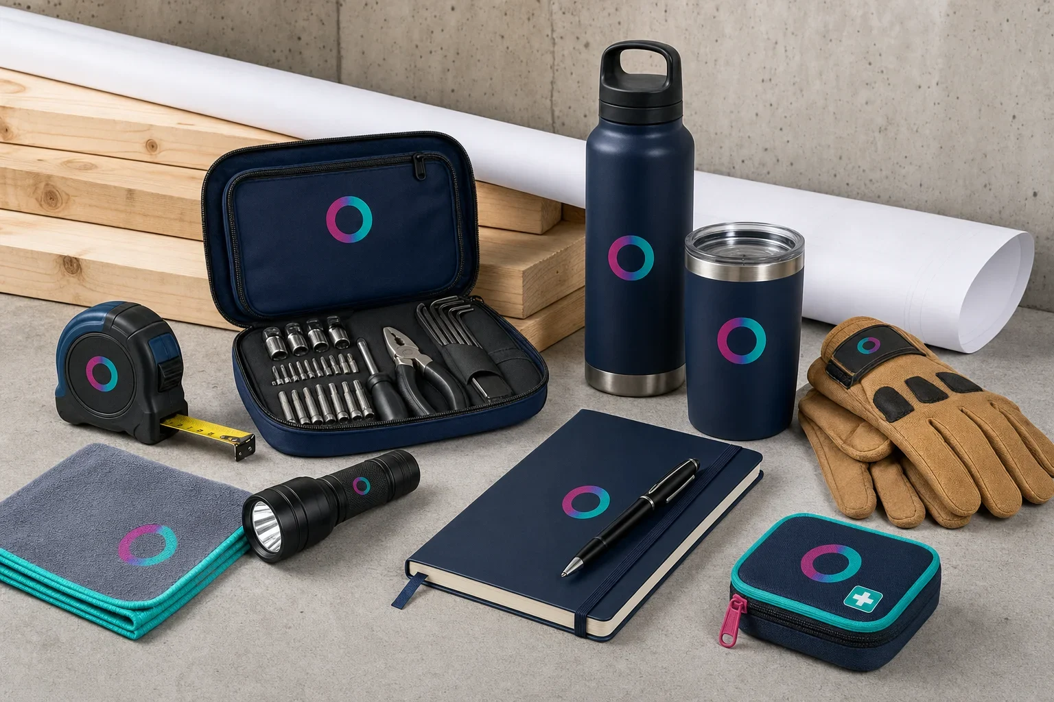 Job site promotional products including tape measure, flashlight, water bottle, gloves, notebook, pen, and safety items