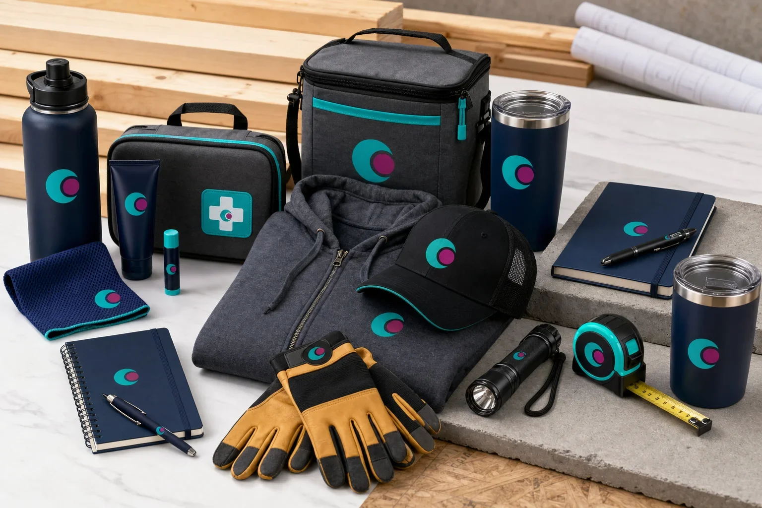 Construction promotional product kits for job sites, safety meetings, employees, and clients