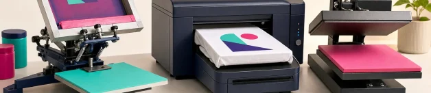Apparel printing equipment showing screen printing DTG and DTF methods