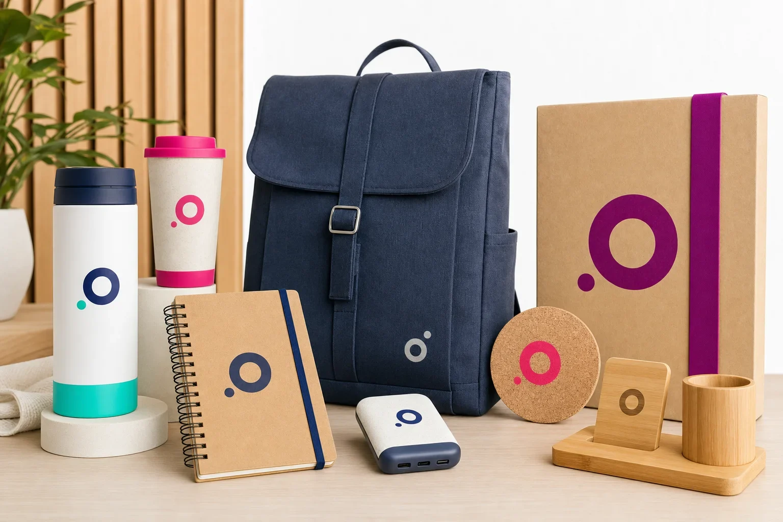 Premium brand name style eco-friendly promotional products including reusable drinkware, backpack, notebook, tech accessory, and natural gift packaging