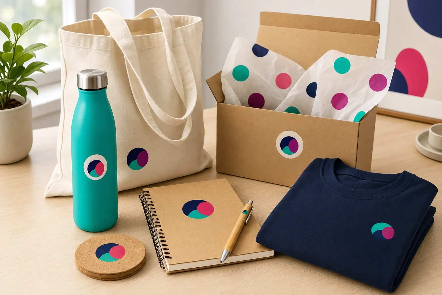 Eco-friendly employee gift kit with recycled tote bag, reusable bottle, notebook, bamboo pen, apparel, and kraft gift box