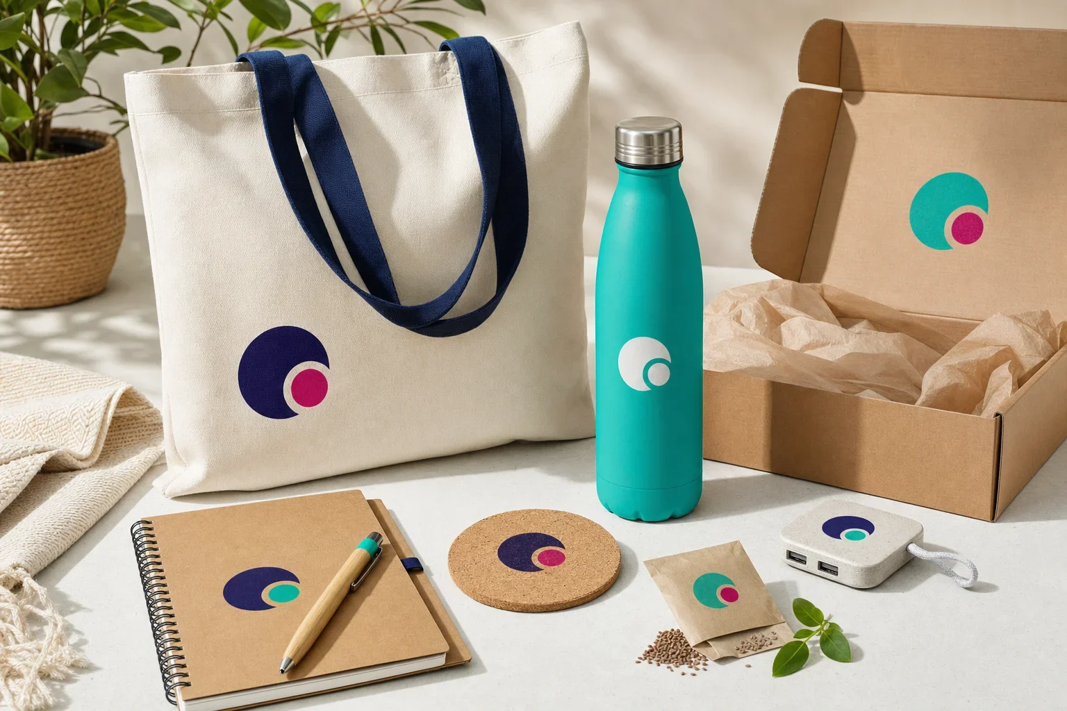 Eco-friendly promotional products arranged on a clean natural surface including reusable tote bag, recycled notebook, stainless bottle, bamboo pen, seed packet, and tech accessory