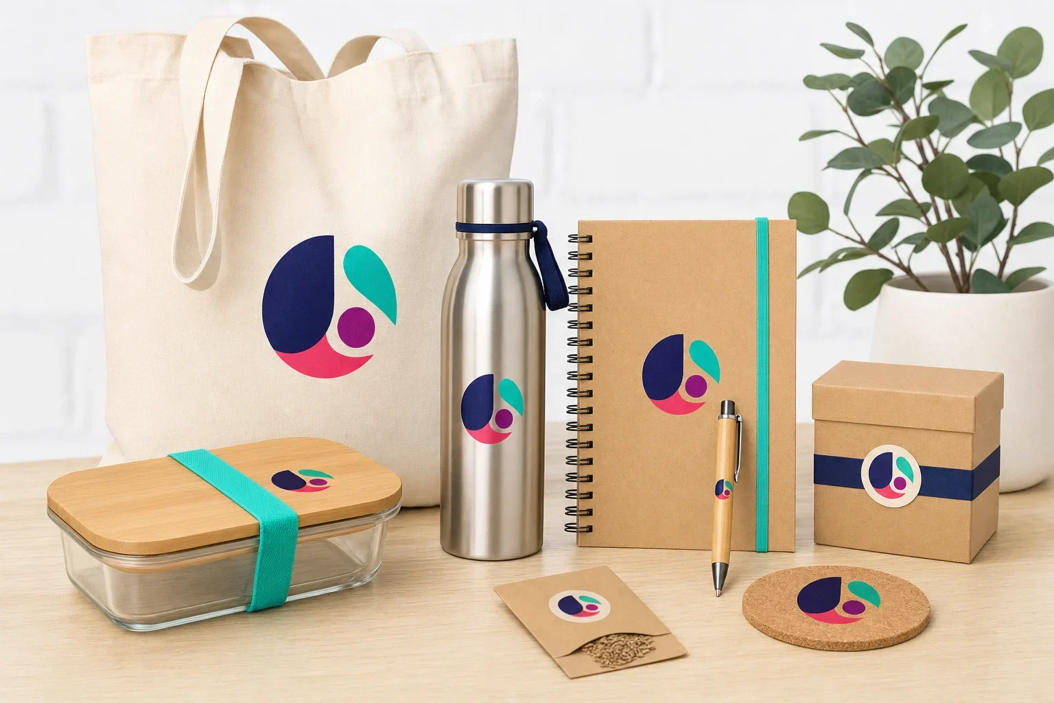 Eco-friendly promotional product examples including reusable tote bag, water bottle, recycled notebook, bamboo pen, cork coaster, seed packet, and lunch container