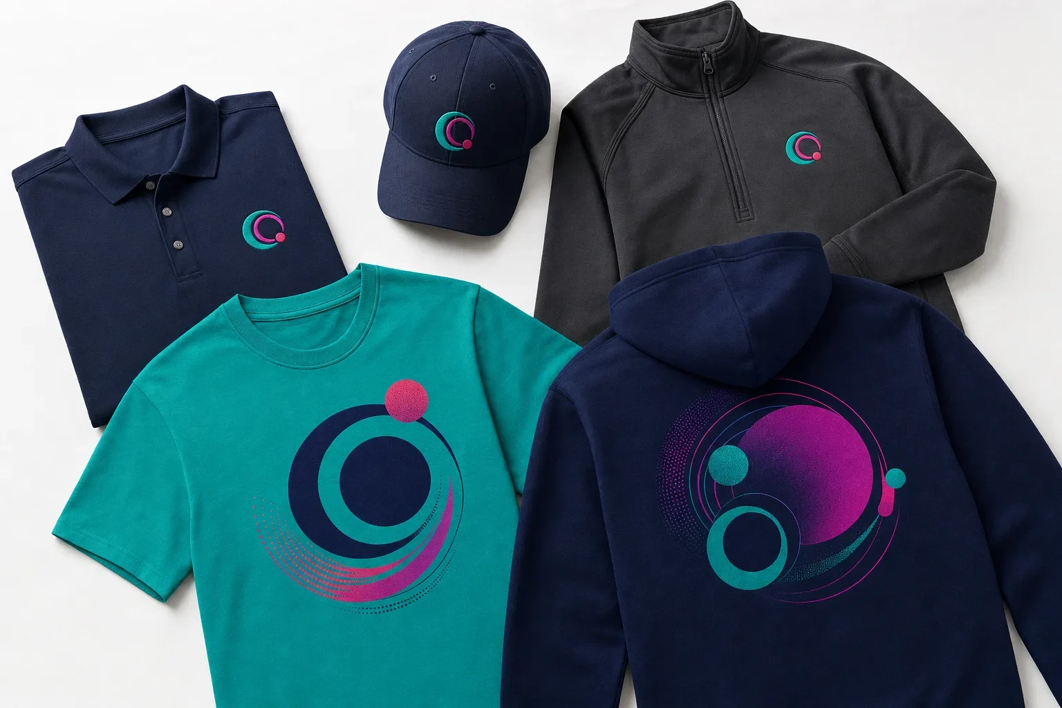 Custom apparel examples including embroidered polo, embroidered hat, embroidered jacket, screen printed t-shirt, and screen printed hoodie