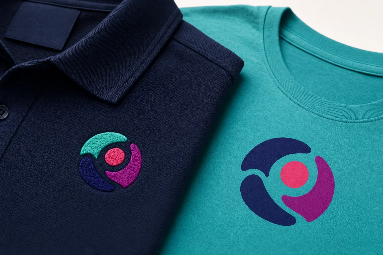 Close-up custom apparel showing embroidered thread texture compared with screen printed ink texture