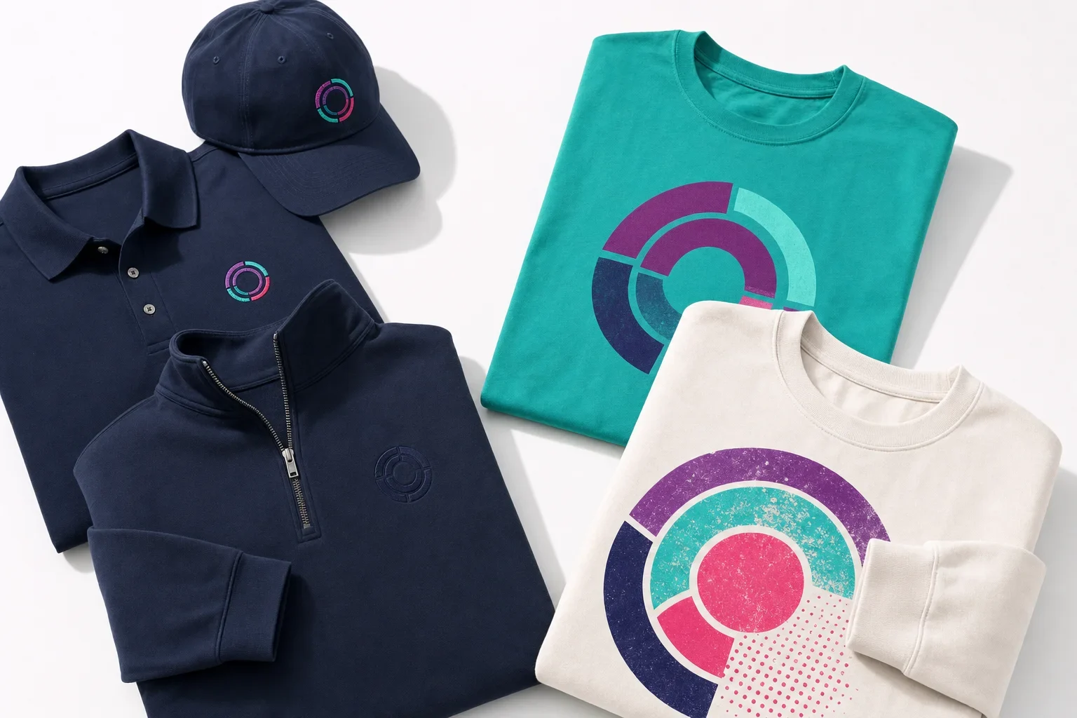 Side-by-side custom apparel examples showing embroidered polos and hats compared with screen printed t-shirts and sweatshirts