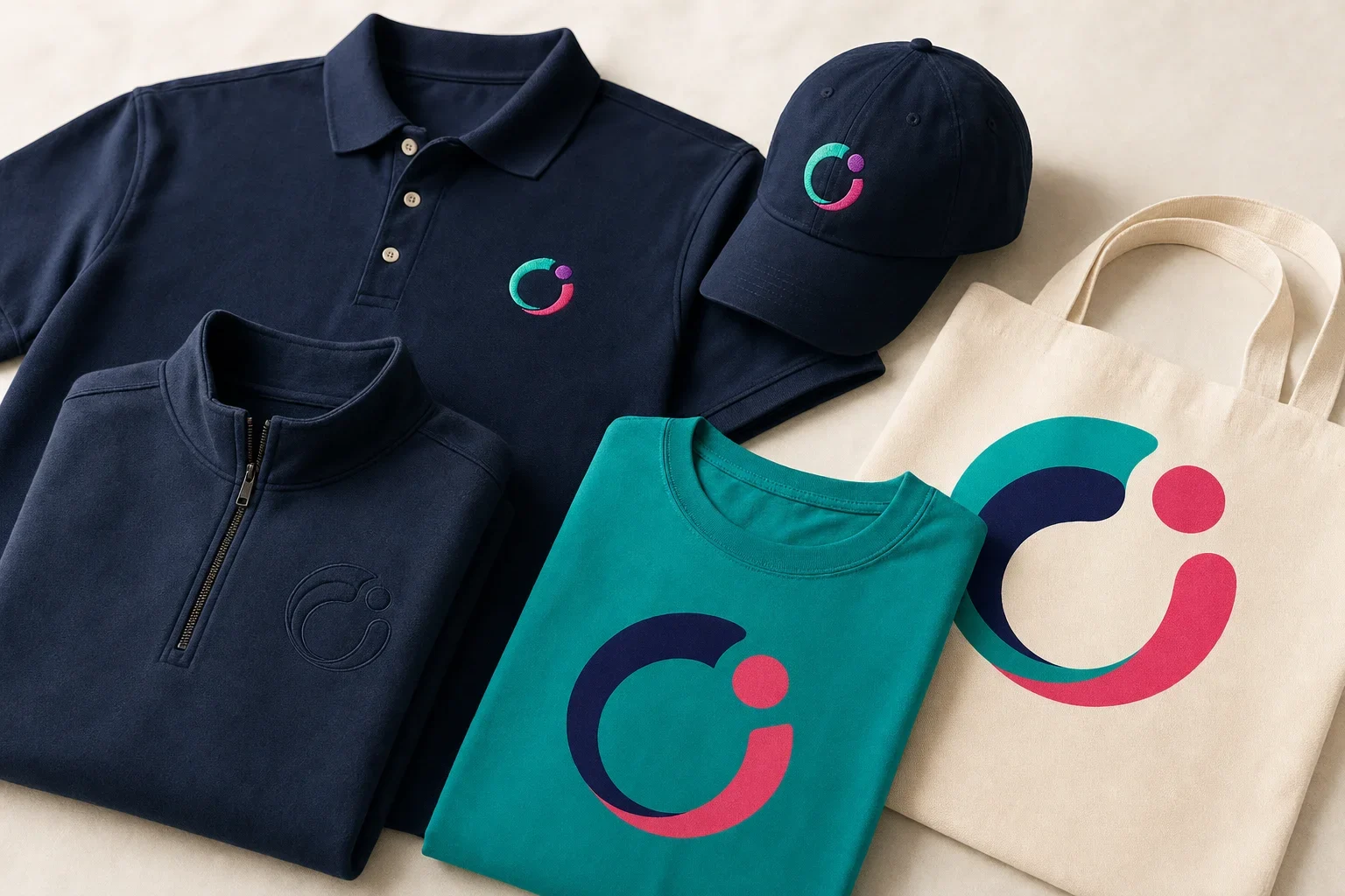 Custom apparel showing embroidered logos and screen printed logos on polos, hoodies, hats, and t-shirts