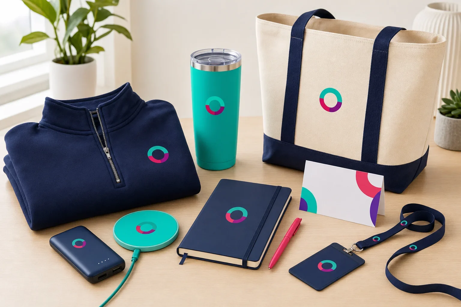 Essential employee welcome kit items including apparel, tumbler, notebook, pen, tech accessory, tote bag, and welcome card